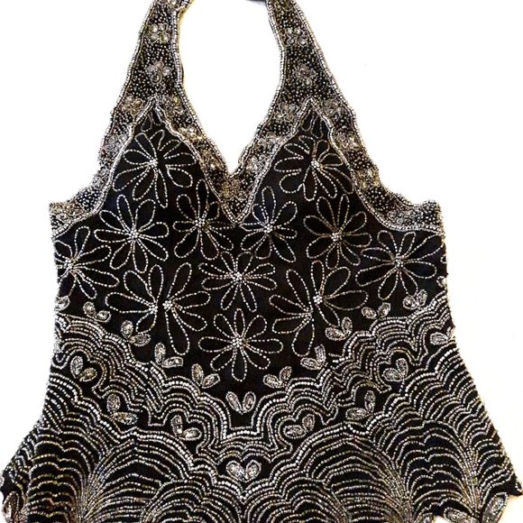 Holiday Black and Silver Beaded Halter Top Vintage Size Medium - Picture 1 of 8